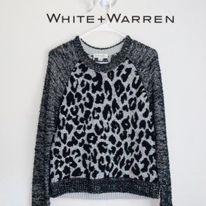 WHITE + WARREN LEATHER ANIMAL PRINT WOOL SWEATER L